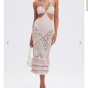 ISO PatBO Blush Crochet Cutout Midi Dress with Tiered Fringe